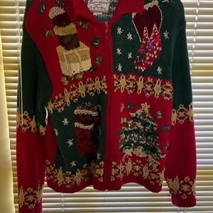 Holiday-Themed Red and Green Cardigan Sweater